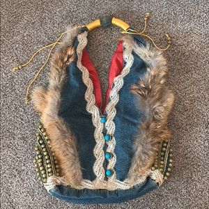 Vintage Coyote Fur and Denim Over the Shoulder Beaded Bag